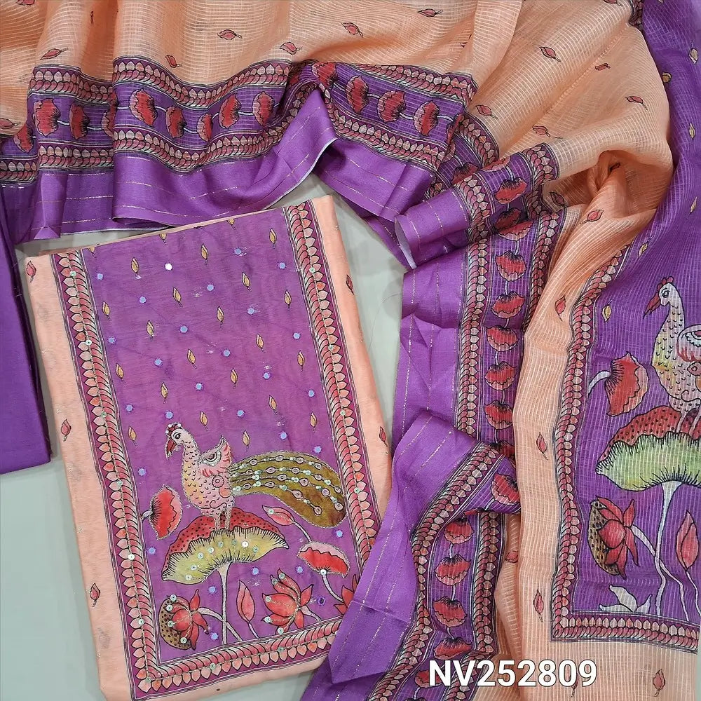 Digital printed pastel peach silk cotton unstitched salwar material (Lining needed) bead, sequins work on yoke, zari buttas on front,  pink santoon bottom, digital printed silk cotton dupatta. NV252809