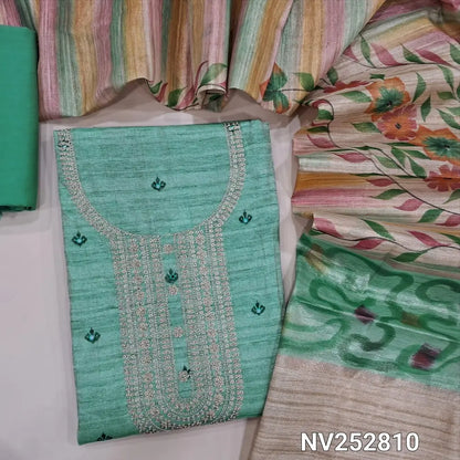 Pastel Blue tissue silk cotton unstitched salwar material (Lining needed) zari embroidery work on yoke, sequins work on front, matching silky bottom, colorful brush paint work on tissue silk cotton dupatta with tassel. NV252810