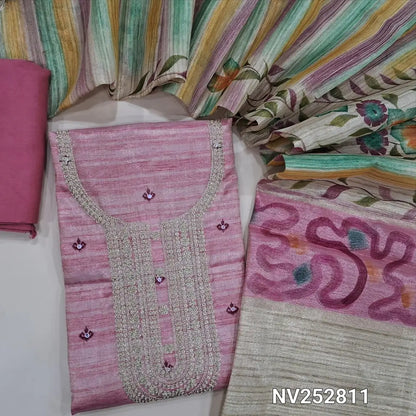 Pastel Pink tissue silk cotton unstitched salwar material (Lining needed) zari embroidery work on yoke, sequins work on front, matching silky bottom, colorful brush paint work on tissue silk cotton dupatta with tassel. NV252811