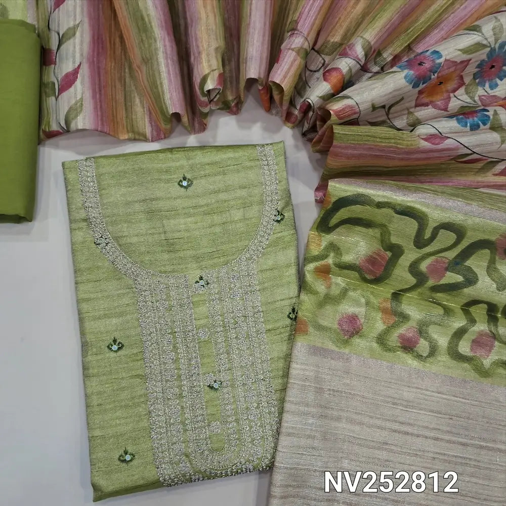 Leafy Green tissue silk cotton unstitched salwar material (Lining needed) zari embroidery work on yoke, sequins work on front, matching silky bottom, colorful brush paint work on tissue silk cotton dupatta with tassel. NV252812