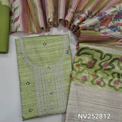 Leafy Green tissue silk cotton unstitched salwar material (Lining needed) zari embroidery work on yoke, sequins work on front, matching silky bottom, colorful brush paint work on tissue silk cotton dupatta with tassel. NV252812