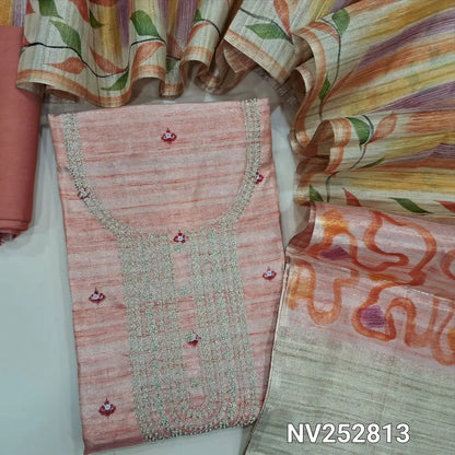 Peachish pink tissue silk cotton unstitched salwar material (Lining needed) zari embroidery work on yoke, sequins work on front, matching silky bottom, colorful brush paint work on tissue silk cotton dupatta with tassel. NV252813