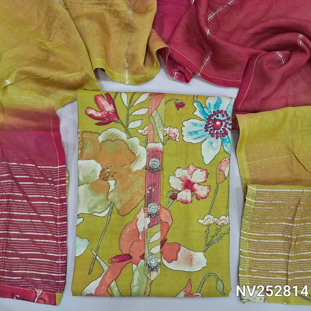 Digital floral printed mehandhi green silk cotton unstitched salwar material (silky, Lining needed) zari lines, fancy buttons on yoke, NO BOTTOM, zari lines on dual shade dupatta. NV252814