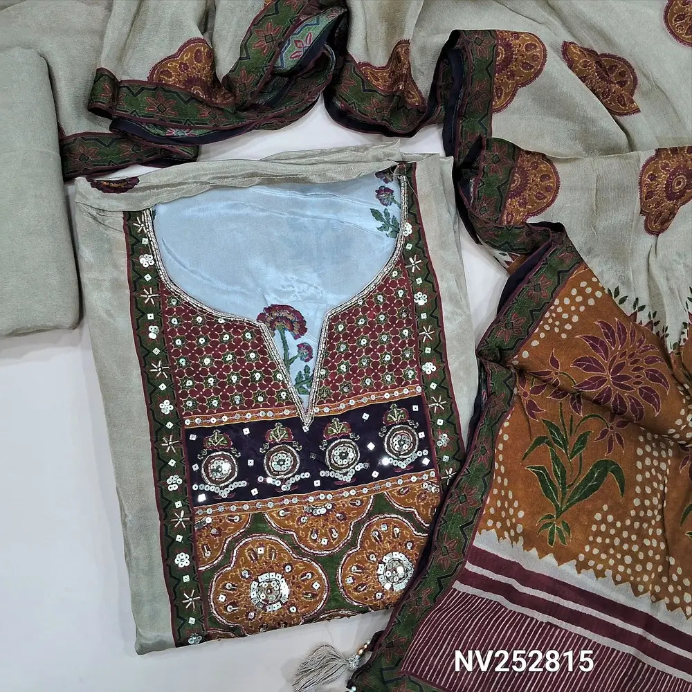 Dark Beige maslin silk unstitched salwar material (shiny, Lining needed) zardozi, sequins work on yoke, pichwai print on daman, matching santoon bottom, printed chinon silk short width dupatta. NV252815