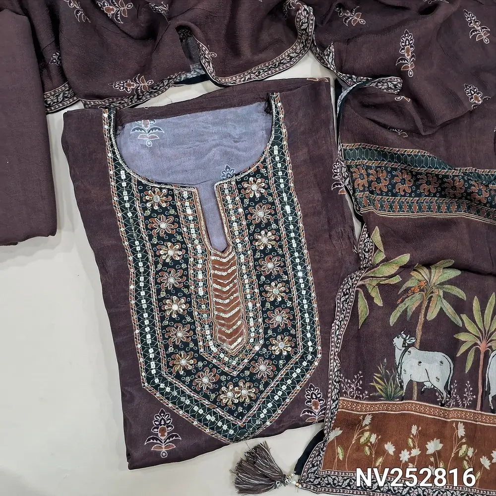 Dark Mauve maslin silk unstitched salwar material (shiny, Lining needed) zardozi, sequins work on yoke, pichwai print on daman, matching santoon bottom, printed chinon silk short width dupatta. NV252816