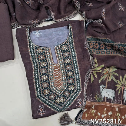 Dark Mauve maslin silk unstitched salwar material (shiny, Lining needed) zardozi, sequins work on yoke, pichwai print on daman, matching santoon bottom, printed chinon silk short width dupatta. NV252816