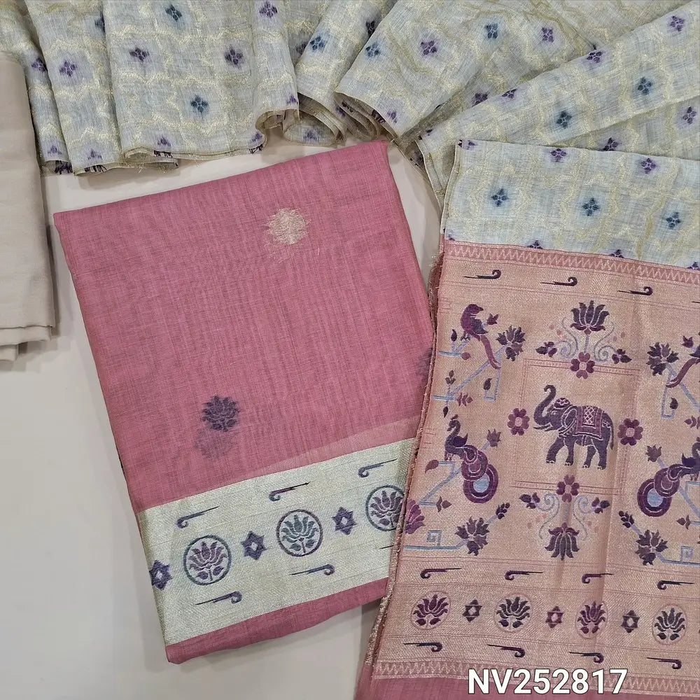 Pink jamdani woven silk cotton unstitched salwar material (thin, Lining needed) paithani woven on daman, beige silk cotton bottom, jamdani woven silk cotton full length dupatta with paithani pallu. NV252817
