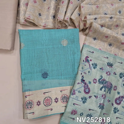 Pastel Blue jamdani woven silk cotton unstitched salwar material (thin, Lining needed) paithani woven on daman, beige silk cotton bottom, jamdani woven silk cotton full length dupatta with paithani pallu. NV252818