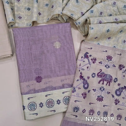 Lavender jamdani woven silk cotton unstitched salwar material (thin, Lining needed) paithani woven on daman, beige silk cotton bottom, jamdani woven silk cotton full length dupatta with paithani pallu. NV252819