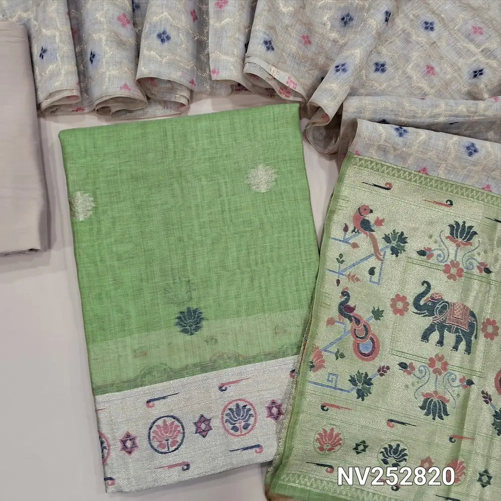 Pastel Green jamdani woven silk cotton unstitched salwar material (thin, Lining needed) paithani woven on daman, beige silk cotton bottom, jamdani woven silk cotton full length dupatta with paithani pallu. NV252820