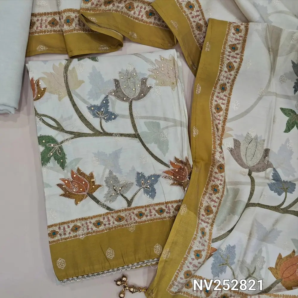 Digital printed beige soft silk cotton semi stitched salwar material (Lining needed, fit up to XL size) zari & stone work on daman, matching santoon bottom,  digital printed soft silk cotton short width dupatta. NV252821