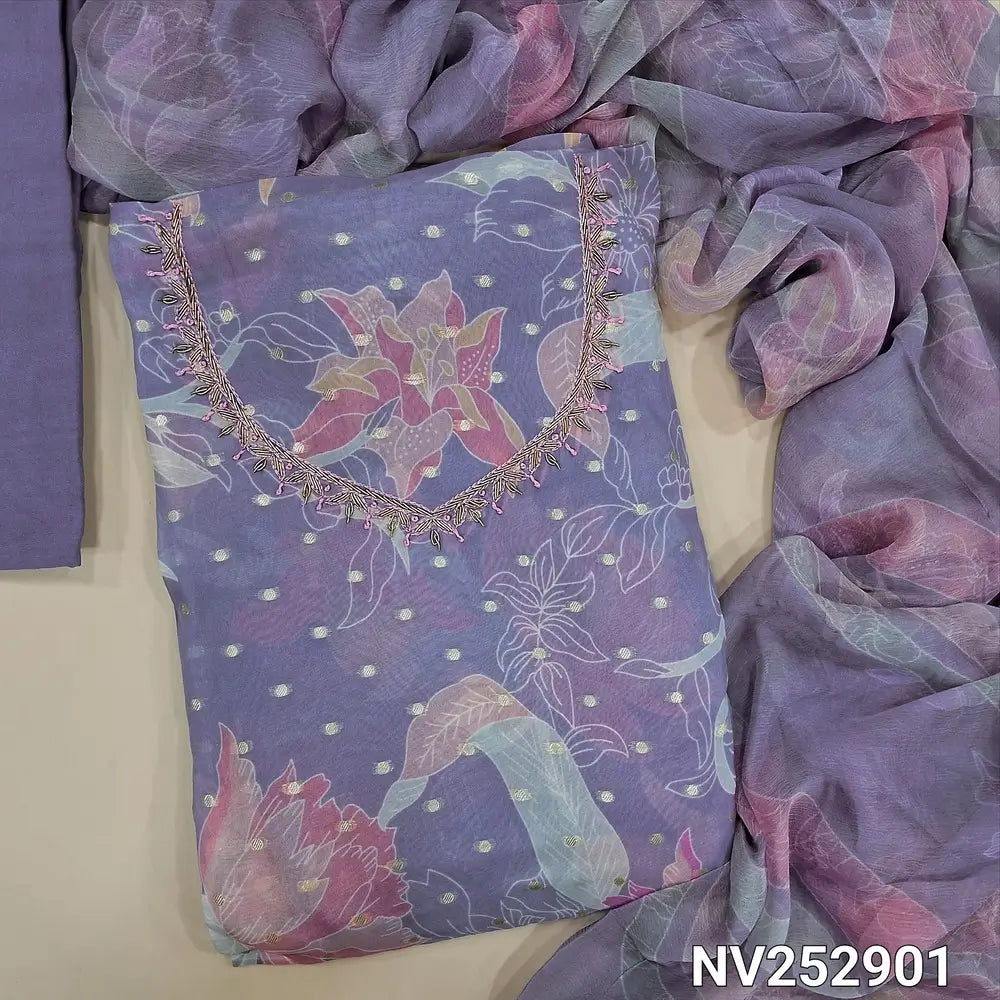 Designer digital print Lavender organza unstitched salwar material (Lining needed) bead work on yoke, zari butta on front,  matching santoon bottom, digital print pure chinon dupatta. NV252901