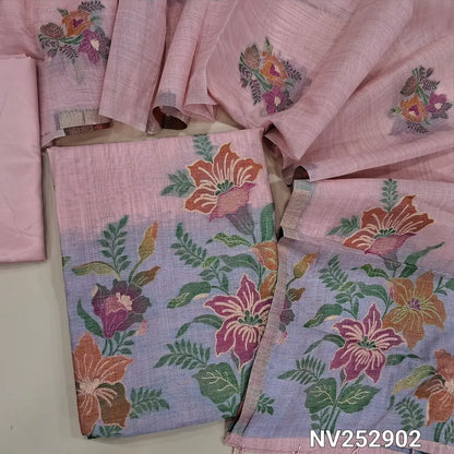 Pastel Pink Jamdani woven silk cotton unstitched salwar material (Thin, Soft, Lining Needed) matching silky bottom, jamdani woven silk cotton dupatta. NV252902