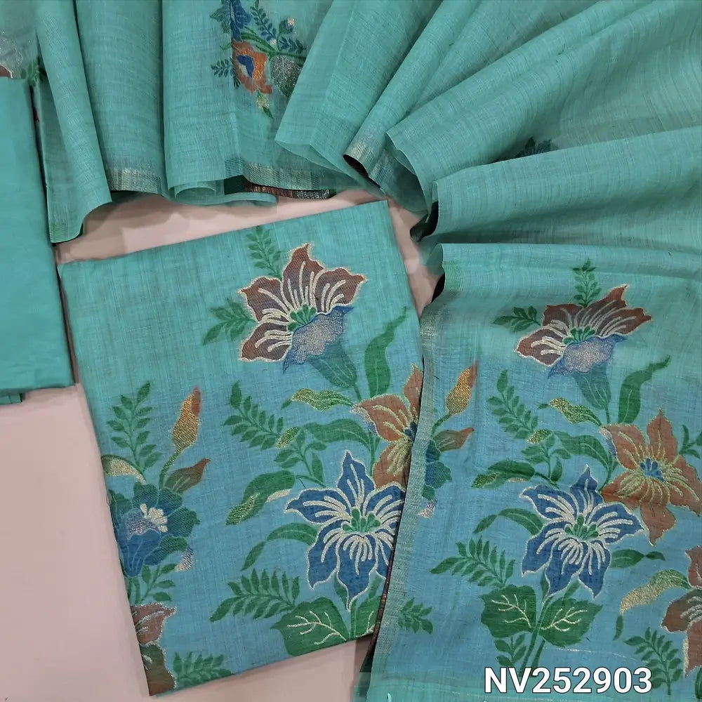 Pastel Blue Jamdani woven silk cotton unstitched salwar material (Thin, Soft, Lining Needed) matching silky bottom, jamdani woven silk cotton dupatta. NV252903