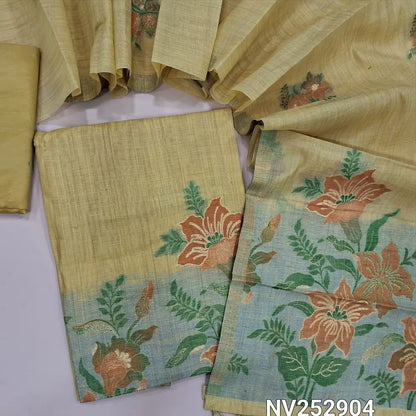 Pastel Yellow Jamdani woven silk cotton unstitched salwar material (Thin, Soft, Lining Needed) matching silky bottom, jamdani woven silk cotton dupatta. NV252904