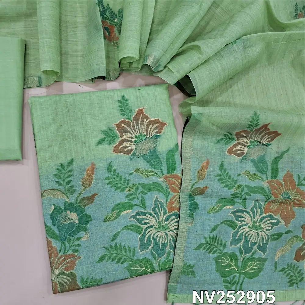 Pastel Green Jamdani woven silk cotton unstitched salwar material (Thin, Soft, Lining Needed) silky bottom, jamdani woven silk cotton dupatta. NV252905