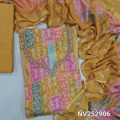 Designer digital print mehandhi yellow organza silk unstitched salwar material (Lining needed) bead, zardozi work on yoke, matching santoon bottom, digital print pure chiffon dupatta with thread & sequins. NV252906