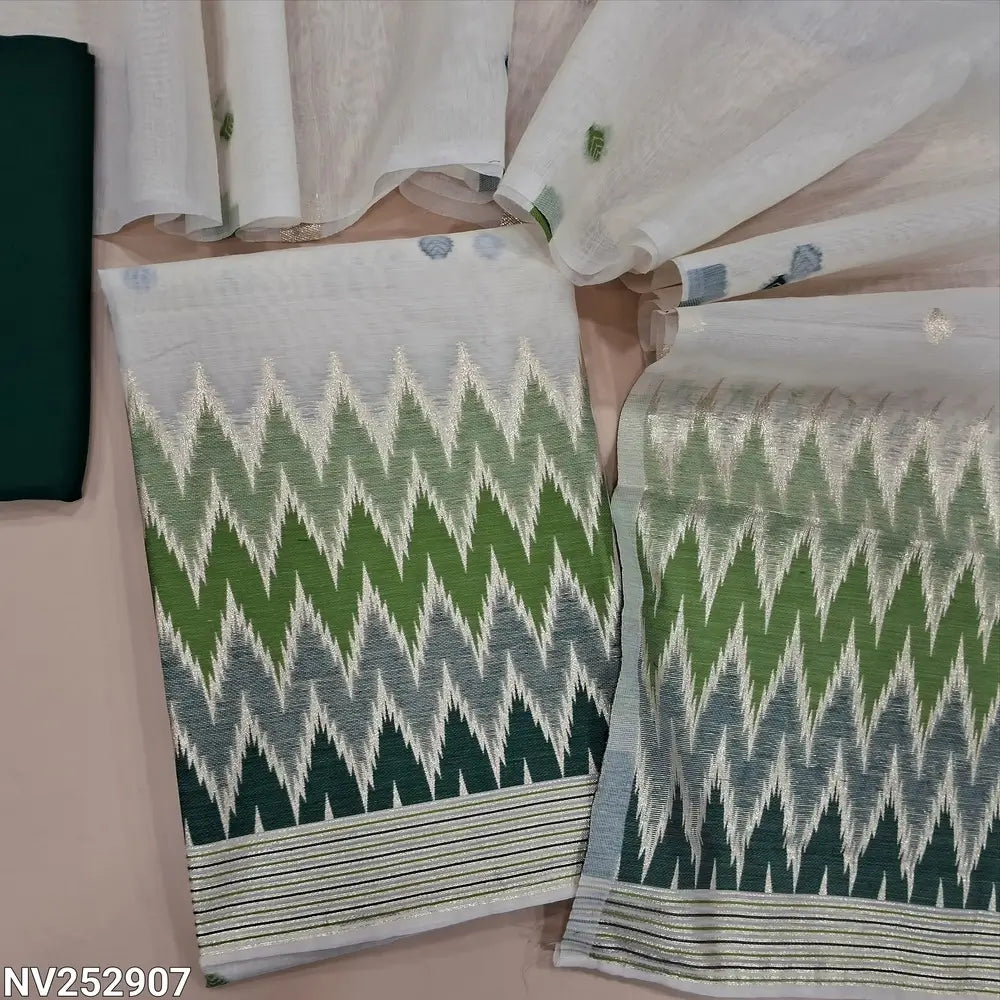 Half White jamdani woven silk cotton unstitched salwar material (Lining needed) heavy jamdani woven on daman, bottle green spun cotton bottom,  silk cotton dupatta with jamdani woven pallu.  NV252907