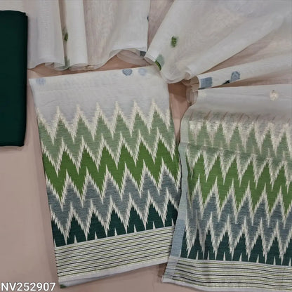 Half White jamdani woven silk cotton unstitched salwar material (Lining needed) heavy jamdani woven on daman, bottle green spun cotton bottom,  silk cotton dupatta with jamdani woven pallu.  NV252907