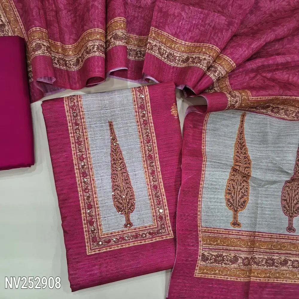 Printed peachish pink jute silk unstitched salwar material (Lining needed) sequins work on yoke, matching spun cotton bottom,  printed jute silk dupatta. NV252908