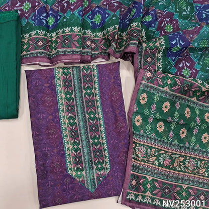 Digital printed Purple silk cotton unstitched salwar material (lining needed) sequins, bead work on yoke, dark green silk cotton bottom, digital printed silk cotton dupatta. NV253001