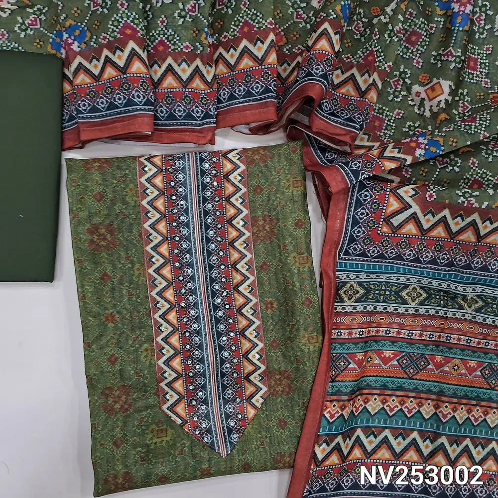 Digital printed olive Green silk cotton unstitched salwar material (lining needed) sequins, bead work on yoke, matching spun cotton bottom, digital printed silk cotton dupatta. NV253002