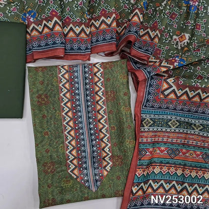 Digital printed olive Green silk cotton unstitched salwar material (lining needed) sequins, bead work on yoke, matching spun cotton bottom, digital printed silk cotton dupatta. NV253002