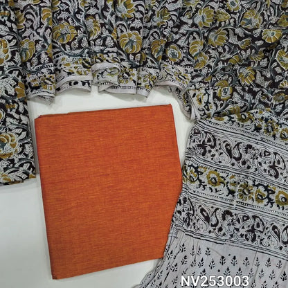 Orange south handloom cotton unstitched salwar material (lining optional) kalamkari print cotton bottom, kalamkari print cotton dupatta. NV253003 (over lapping of prints not consider as a defect)