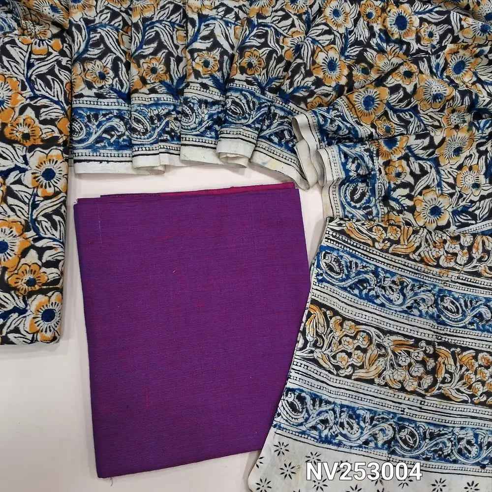 Purple south handloom cotton unstitched salwar material (lining optional) kalamkari print cotton bottom, kalamkari print cotton dupatta. NV253004 (over lapping of prints not consider as a defect)