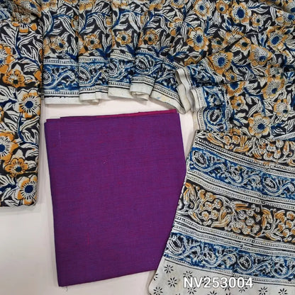 Purple south handloom cotton unstitched salwar material (lining optional) kalamkari print cotton bottom, kalamkari print cotton dupatta. NV253004 (over lapping of prints not consider as a defect)