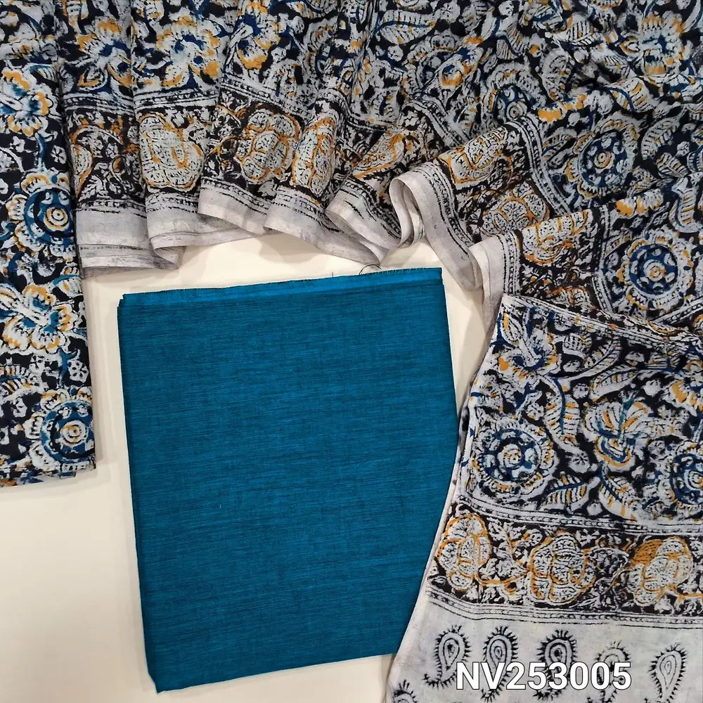 Blue south handloom cotton unstitched salwar material (lining optional) kalamkari print cotton bottom, kalamkari print cotton dupatta. NV253005 (over lapping of prints not consider as a defect)