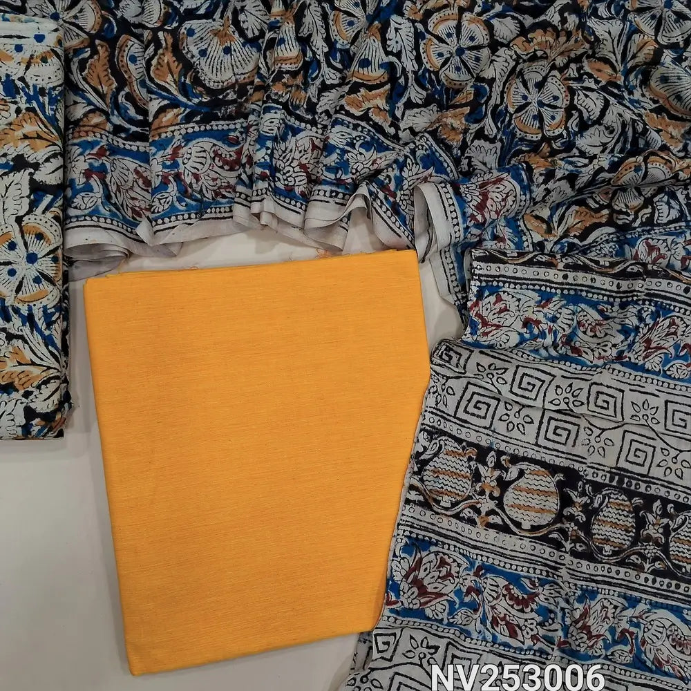 Yellow south handloom cotton unstitched salwar material (lining optional) kalamkari print cotton bottom, kalamkari print cotton dupatta. NV253006 (over lapping of prints not consider as a defect)