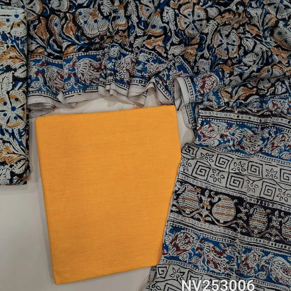 Yellow south handloom cotton unstitched salwar material (lining optional) kalamkari print cotton bottom, kalamkari print cotton dupatta. NV253006 (over lapping of prints not consider as a defect)