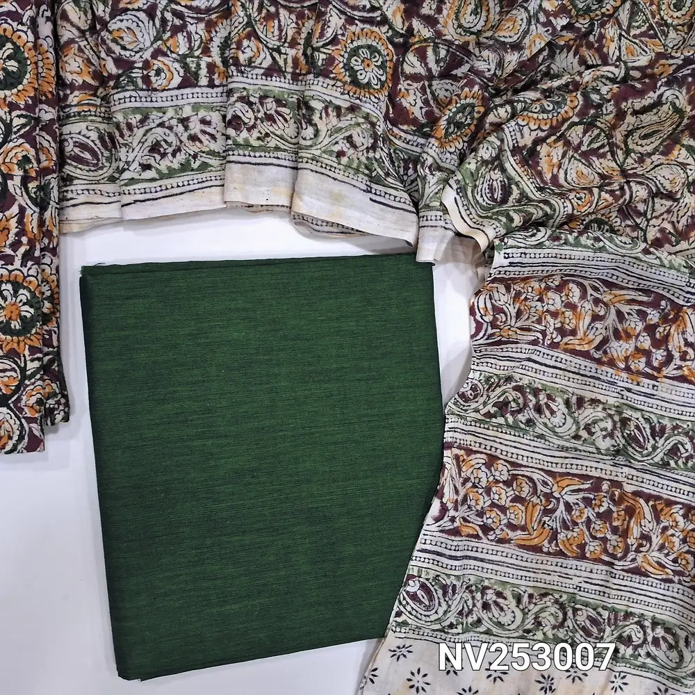 Dark Green south handloom cotton unstitched salwar material (lining optional) kalamkari print cotton bottom, kalamkari print cotton dupatta. NV253007 (over lapping of prints not consider as a defect)