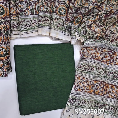 Dark Green south handloom cotton unstitched salwar material (lining optional) kalamkari print cotton bottom, kalamkari print cotton dupatta. NV253007 (over lapping of prints not consider as a defect)