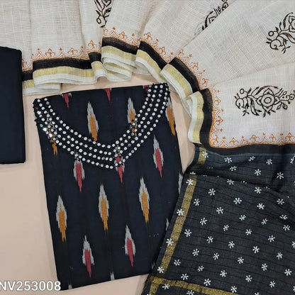 Ikat woven Black cotton unstitched salwar material (lining optional) faux mirror, french knot work on yoke, matching drum dyed cotton bottom, dual shaded hand block printed cotton dupatta. NV253008
