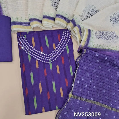 Ikat woven dark Purple cotton unstitched salwar material (lining optional) faux mirror, french knot work on yoke, matching drum dyed cotton bottom, dual shaded hand block printed cotton dupatta. NV253009