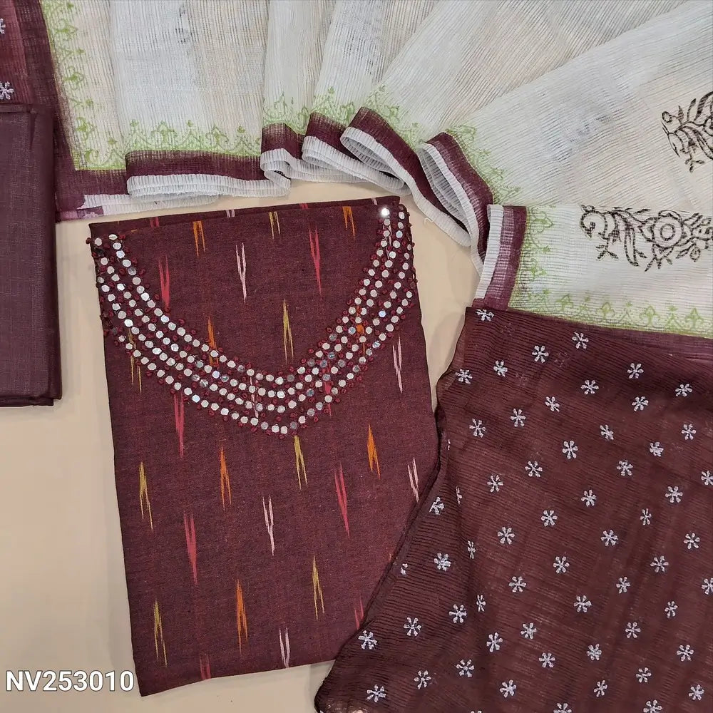 Ikat woven dark Maroon cotton unstitched salwar material (lining optional) faux mirror, french knot work on yoke, matching drum dyed cotton bottom, dual shaded hand block printed cotton dupatta. NV253010