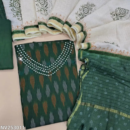Ikat woven dark Green cotton unstitched salwar material (lining optional) faux mirror, french knot work on yoke, matching drum dyed cotton bottom, dual shaded hand block printed cotton dupatta. NV253011