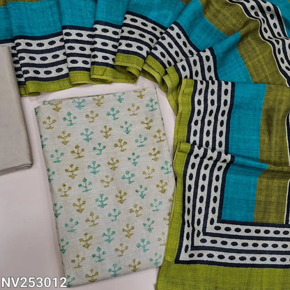 Printed rich Beige premium tussar silk unstitched salwar material (lining needed) matching silky botom,  printed blue & green tussar silk full length dupatta. NV253012