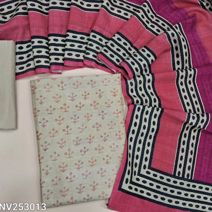 Printed rich Beige premium tussar silk unstitched salwar material (lining needed) matching silky botom,  printed pink & peach tussar silk full length dupatta. NV253013