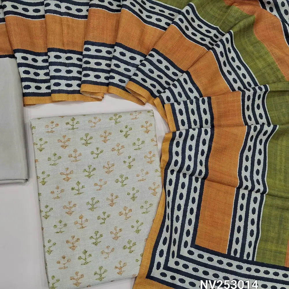 Printed rich Beige premium tussar silk unstitched salwar material (lining needed) matching silky botom,  printed yellow & green tussar silk full length dupatta. NV253014