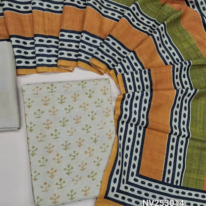Printed rich Beige premium tussar silk unstitched salwar material (lining needed) matching silky botom,  printed yellow & green tussar silk full length dupatta. NV253014