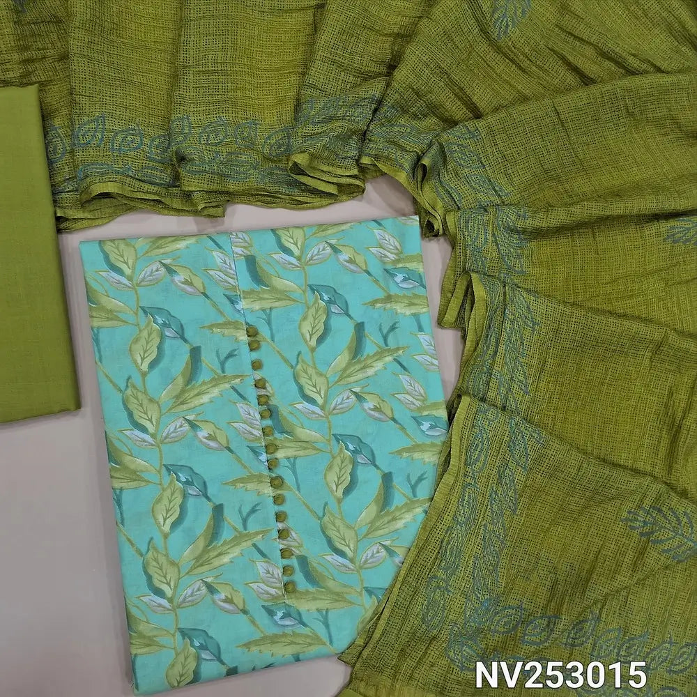 Printed pastel Blue soft cotton unstitched salwar material(lining needed) potli buttons on yoke, mossy green cotton bottom, block printed kota silk cotton dupatta. NV253015