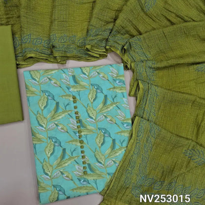 Printed pastel Blue soft cotton unstitched salwar material(lining needed) potli buttons on yoke, mossy green cotton bottom, block printed kota silk cotton dupatta. NV253015