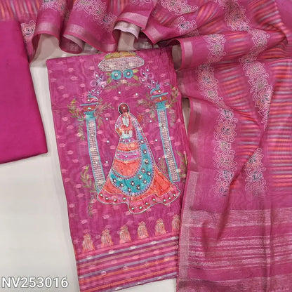 Digital printed bright Pink silk cotton unstitched salwar material (thin, lining needed) zari butta allover, print, sequins, zardozi work on daman, matching spun cotton bottom, digital print silk cotton dupatta. NV253016