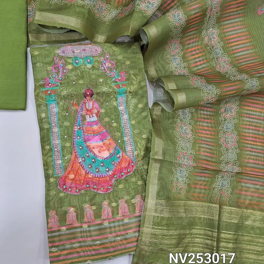 Digital printed leafy Green silk cotton unstitched salwar material (thin, lining needed) zari butta allover, print, sequins, zardozi work on daman, matching spun cotton bottom, digital print silk cotton dupatta. NV253017