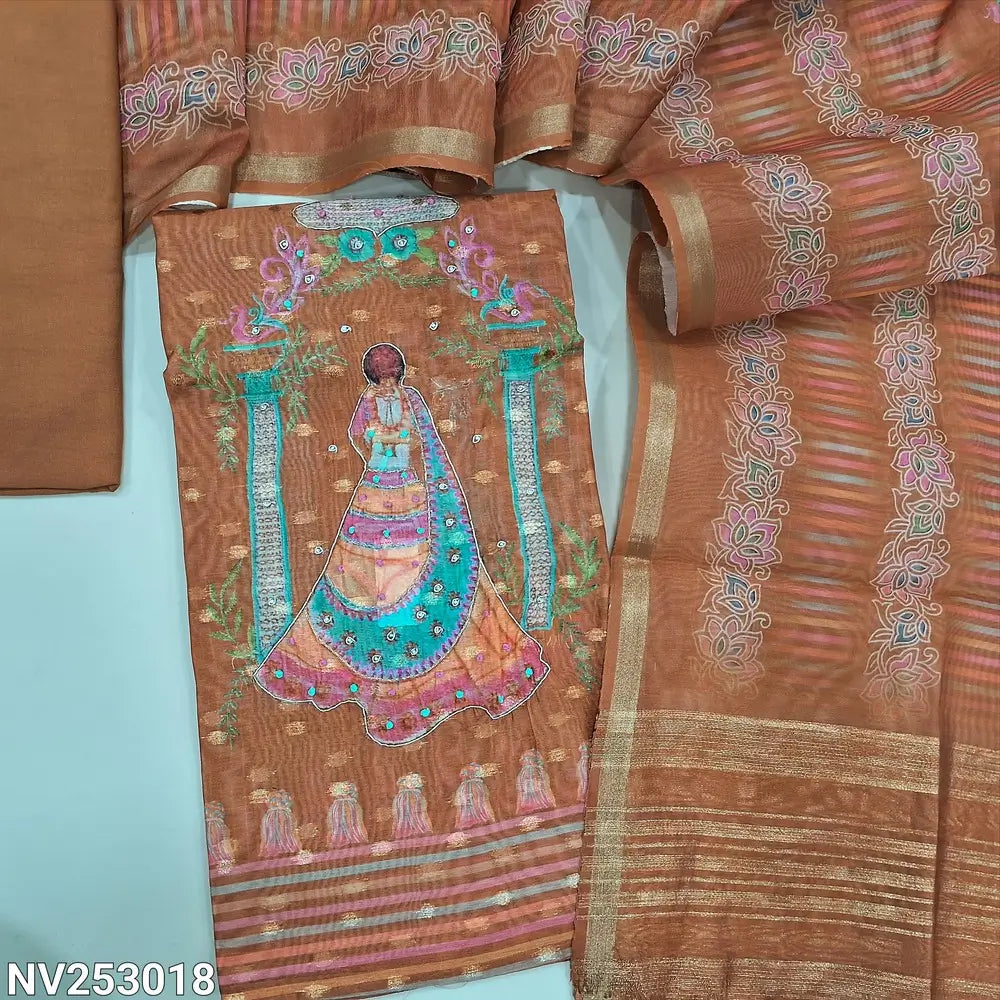 Digital printed Rust Orange silk cotton unstitched salwar material (thin, lining needed) zari butta allover, print, sequins, zardozi work on daman, matching spun cotton bottom, digital print silk cotton dupatta. NV253018