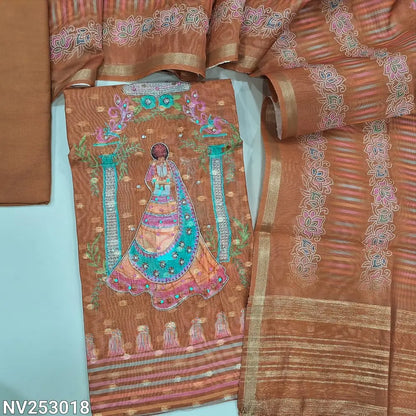 Digital printed Rust Orange silk cotton unstitched salwar material (thin, lining needed) zari butta allover, print, sequins, zardozi work on daman, matching spun cotton bottom, digital print silk cotton dupatta. NV253018