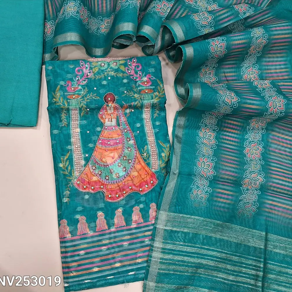 Digital printed turquoise Blue silk cotton unstitched salwar material (thin, lining needed) zari butta allover, print, sequins, zardozi work on daman, matching spun cotton bottom, digital print silk cotton dupatta. NV253019